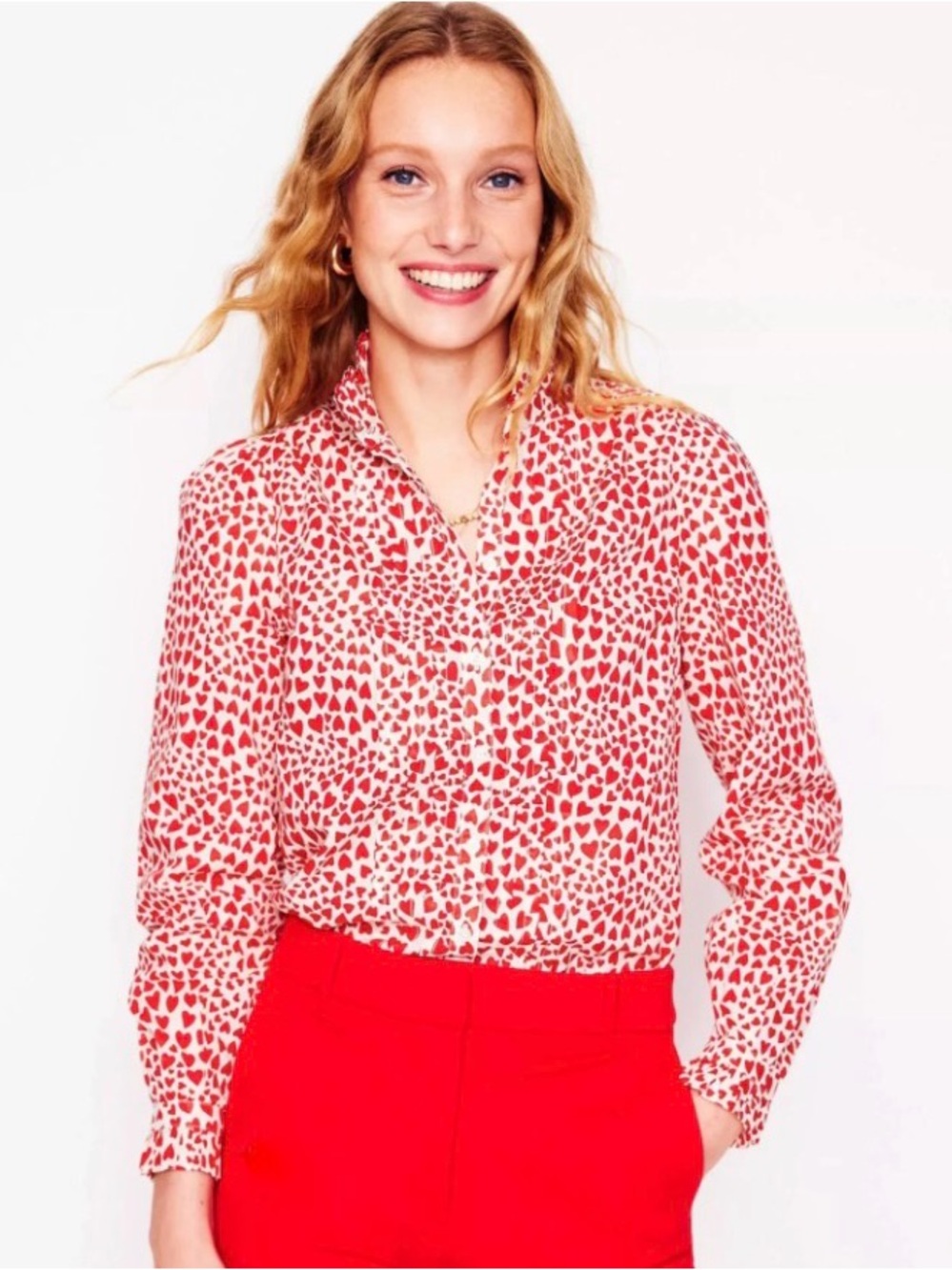 Boden Red Heart-Print Button-Front Blouse